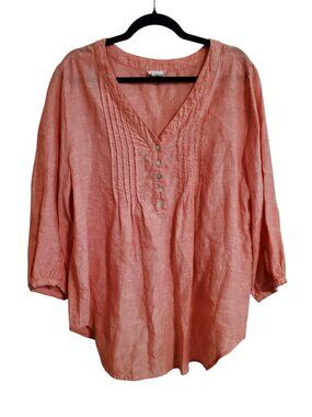 Sigrid Olsen 100% Linen Pink V-neck Tunic Pullover Blouse 1X